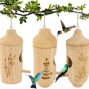 OROGHT Hummingbird House - Natural Wooden Hummingbird Houses for Outside Hanging, Gardening Gifts Home Decoration 3 Packs